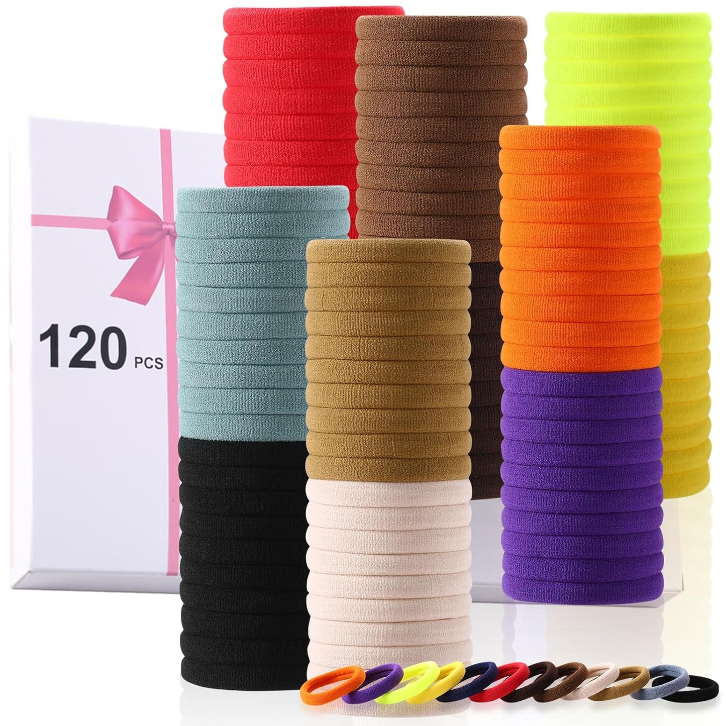 120 Pcs Black No Damage Hair Ties for Women Thick Hair, Large Soft Seamless Nylon Cloth Fabric Elastic Hair Ties Ponytail Holders Hair Elastics Hair Band,Perfect Valentine'S Day Gift for Women