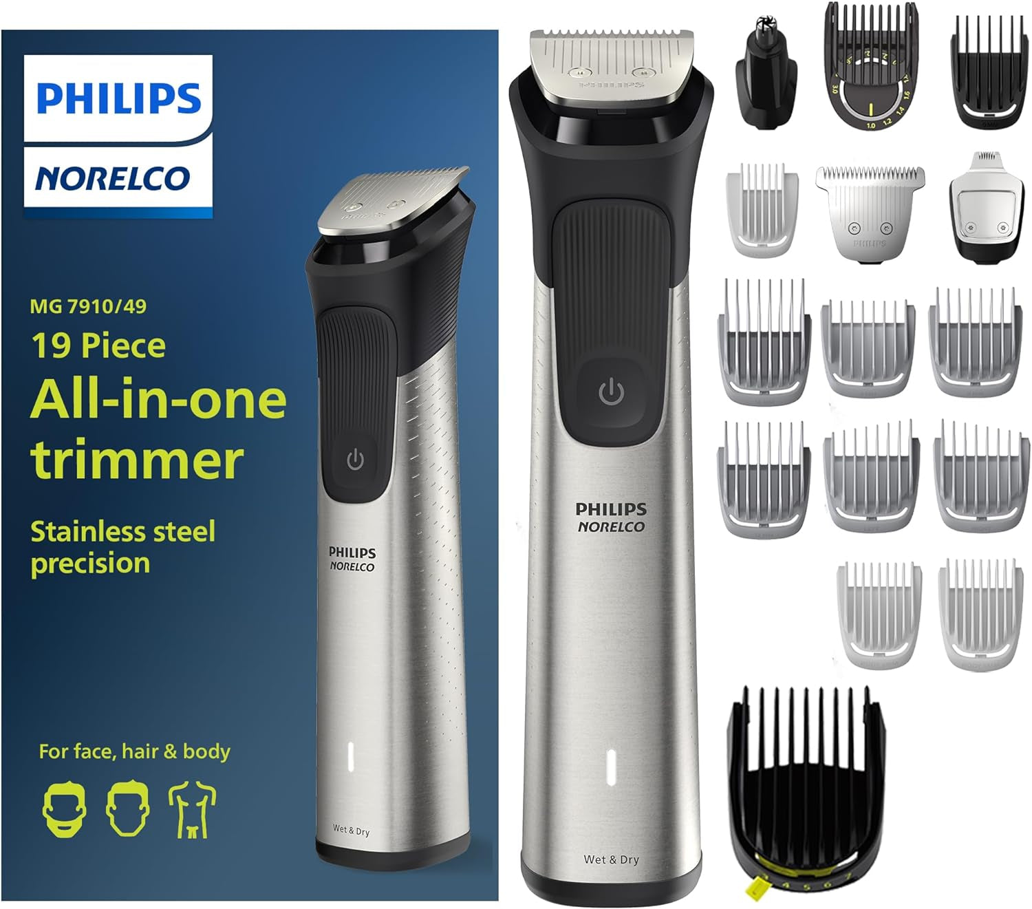 Multigroom 7000 Series, All-In-One Trimmer, Beard Trimmer and Hair Clipper, 19-Piece Men'S Grooming Kit for Beard, Head, Hair, Body, and Face, Soft Pouch, MG7910/49