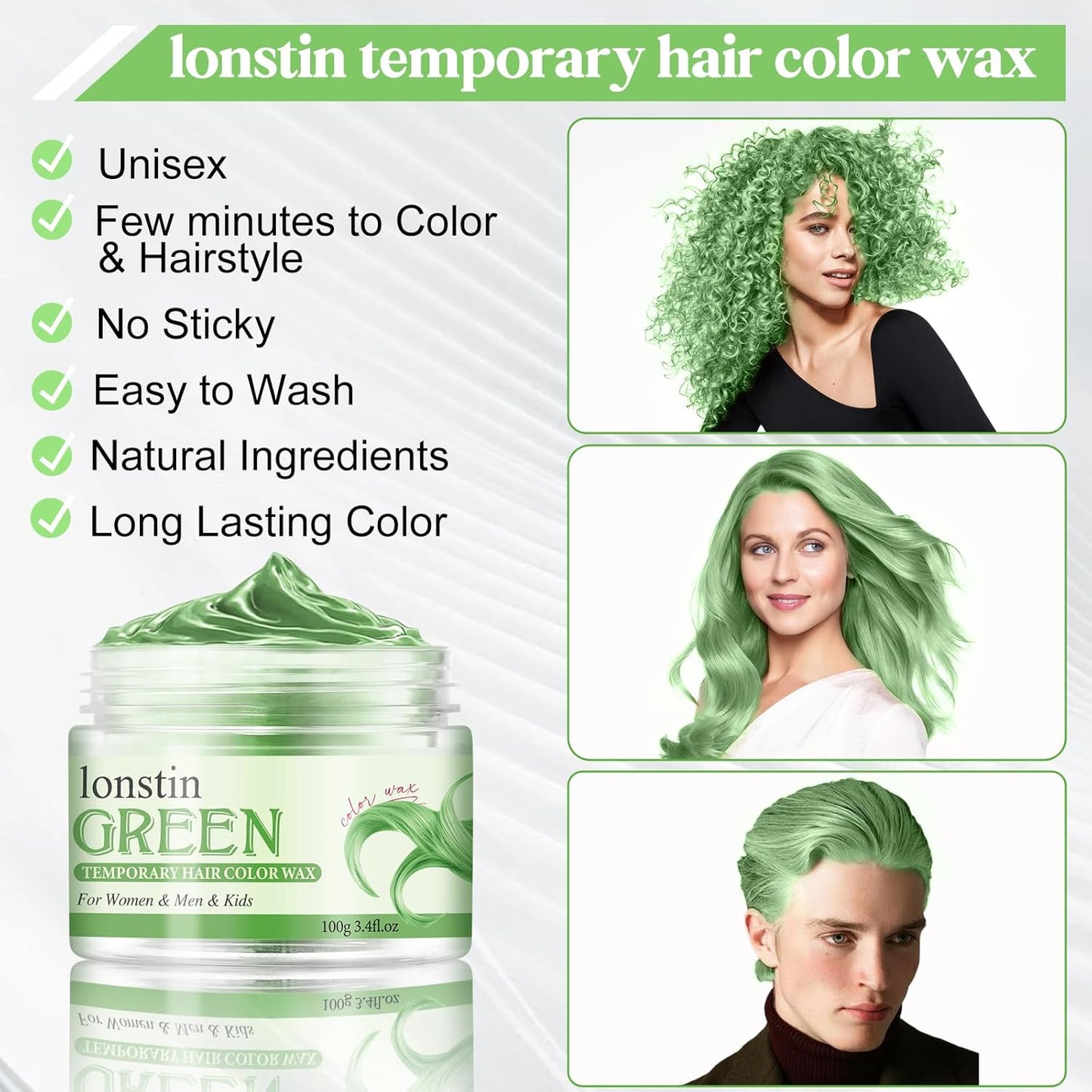 Temporary Hair Color Wax, Green Hair Dye Paint Wax Washable Instant Colored Hair Wax Gel Cream Mud Hair Makeup Men Women Halloween Party