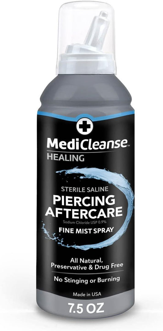 Sterile Saline Piercing Aftercare Fine Mist Spray, 7.5 Ounce, All Natural, No Alcohol, Vegan Friendly, for Piercings and Tattoos, Made in USA