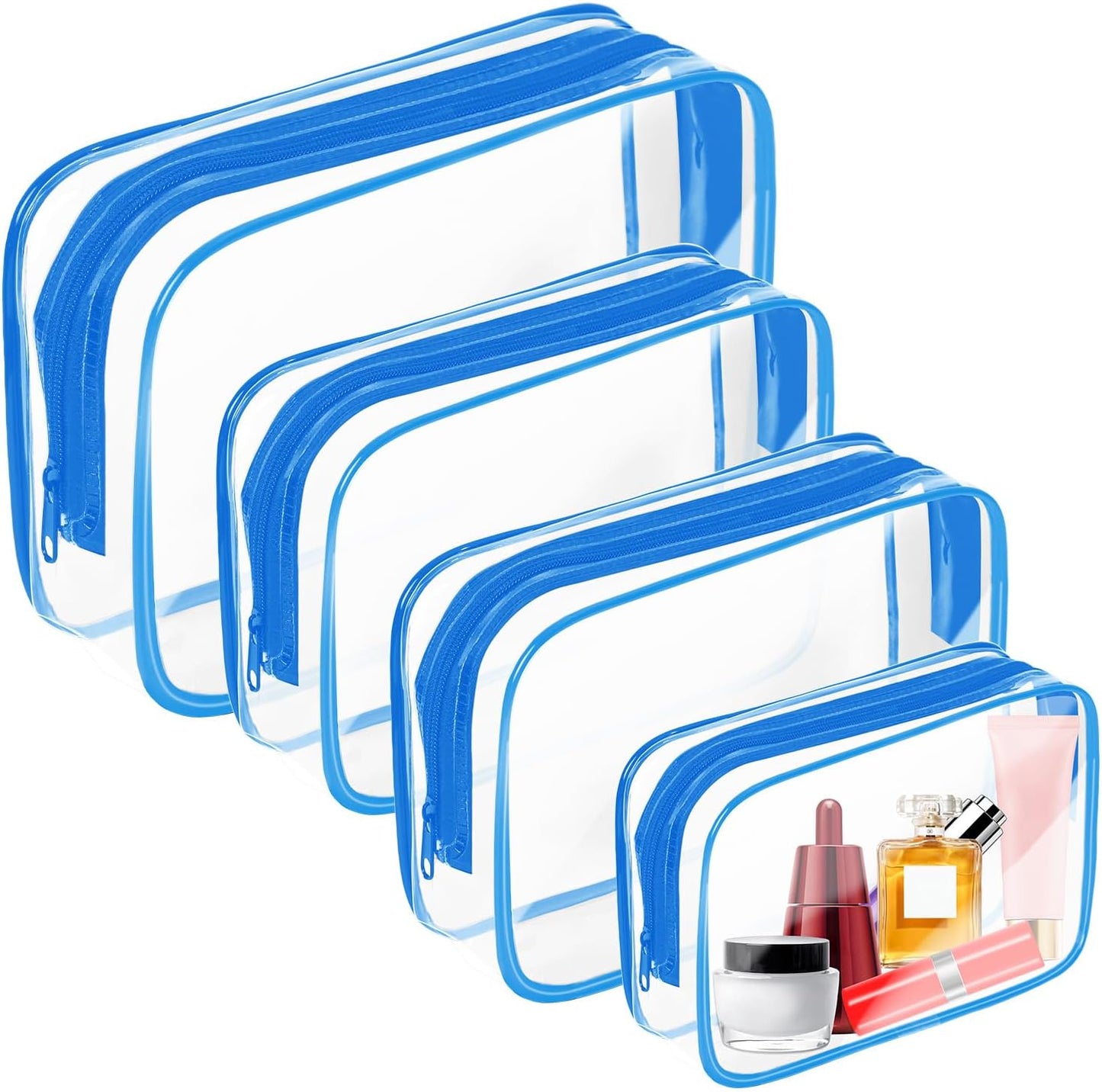 4 Pack Clear Toiletry Bag, Portable Travel Makeup Pouch with Zipper, TSA Approved Organizer, PVC Cosmetic for Airport Airline Compliant