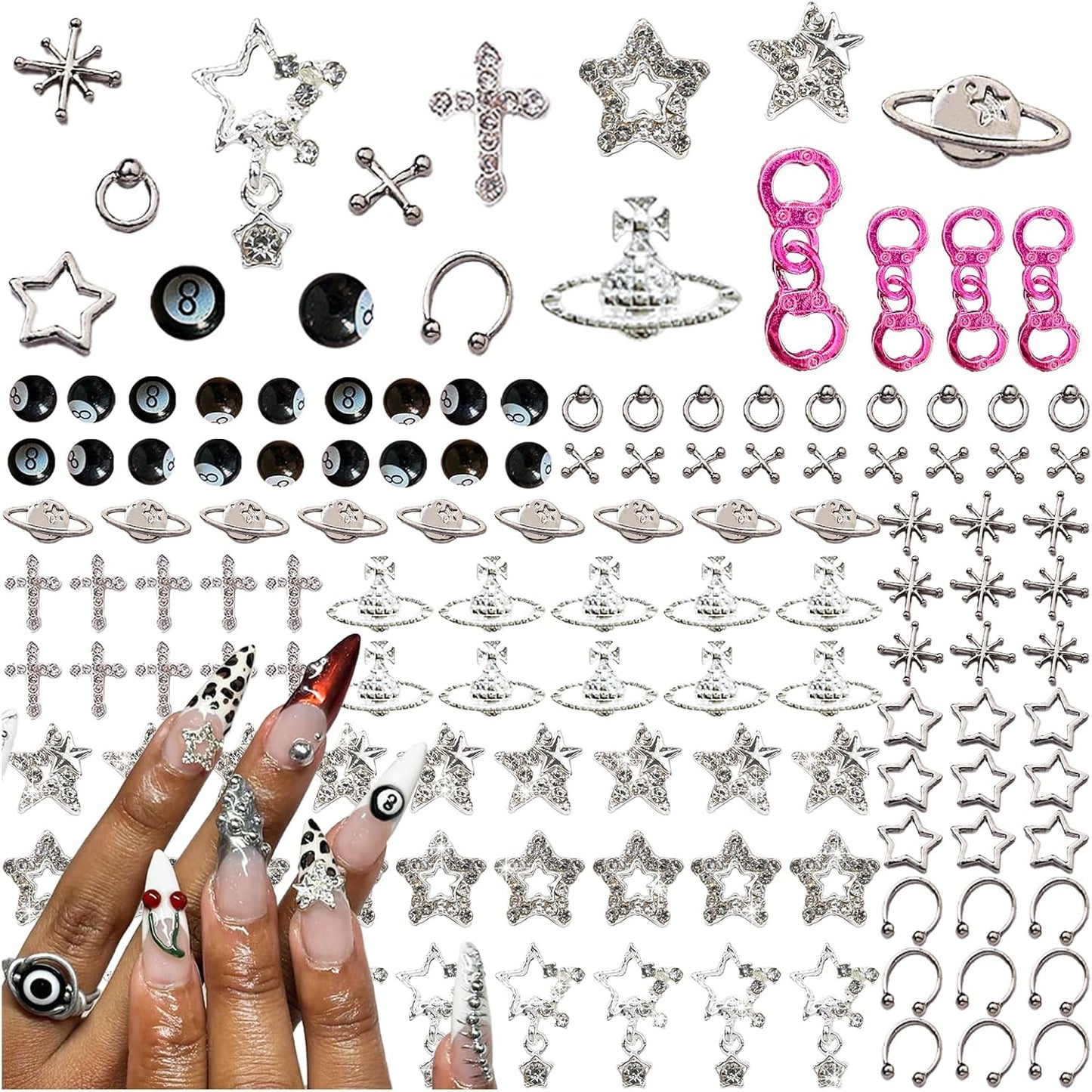 110PCS Star Nail Charms for Acrylic Nails,Silver Star Planet Cross Alloy Nail Art Decoration, Nail Stones Nail Jewels Accessories for Nail Art Supplies Manicure Craft DIY