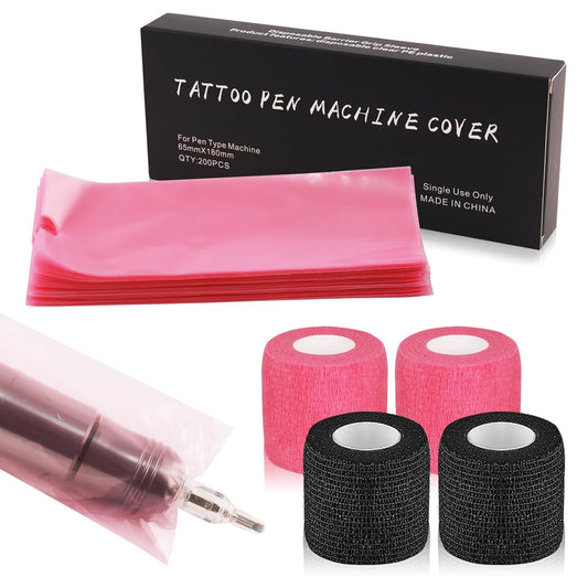 Tattoo Machine Pen Covers with Grip Tape Wrap -  200Pcs Large Tattoo Machine Covers Pink Tattoo Pen Bags Covers and 4Pcs Tattoo Machine Tape Grip Wrap Self-Adhesive Tape Tattoo Supplies