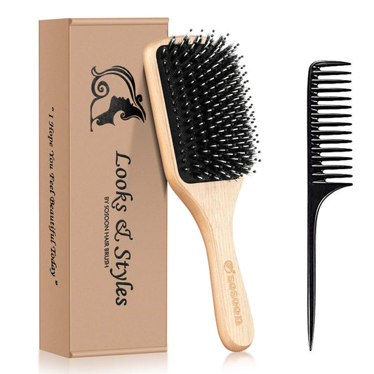 Hair Brush,  Boar Bristle Paddle Hairbrush for Long Short Thick Thin Curly Straight Wavy Dry Hair for Men Women Kids, No More Tangle, Giftbox & Tail Comb Included