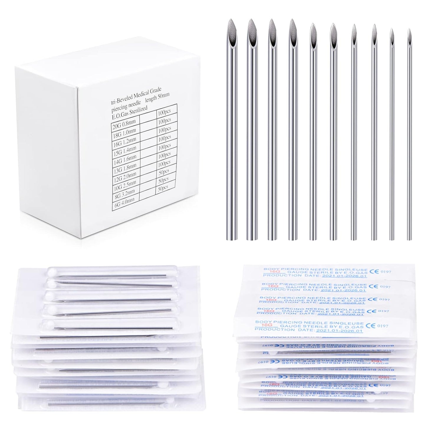 25PCS Mixed Body Piercing Needles, 12G 14G 16G 18G 20G Disposable Sterile Stainless Steel Piercing Needles for Ear Nose Navel Belly Nipple Tongue Lip Piercing