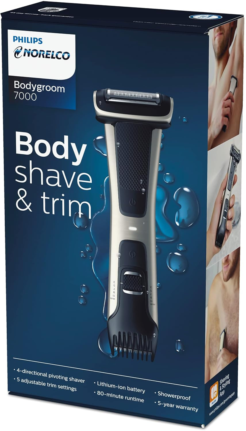 Bodygroom 7000 Series, Showerproof Groin and Body Trimmer for Men, Precise Body Grooming, Adjustable Comb, Safe Even below the Belt, 80 Min. Runtime, Model BG7030/49