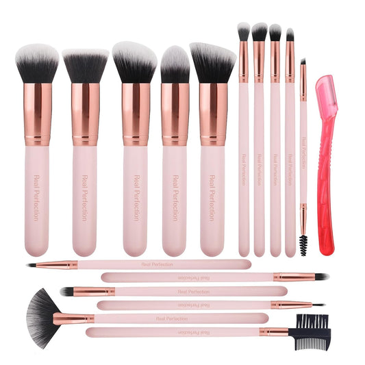 Makeup Brush Set 16 Pcs with 1 Eyebrow Razor Premium Synthetic Foundation Powder Concealers Eyeshadow Blush Makeup Brushes Make up Brushes Kit (Pink)