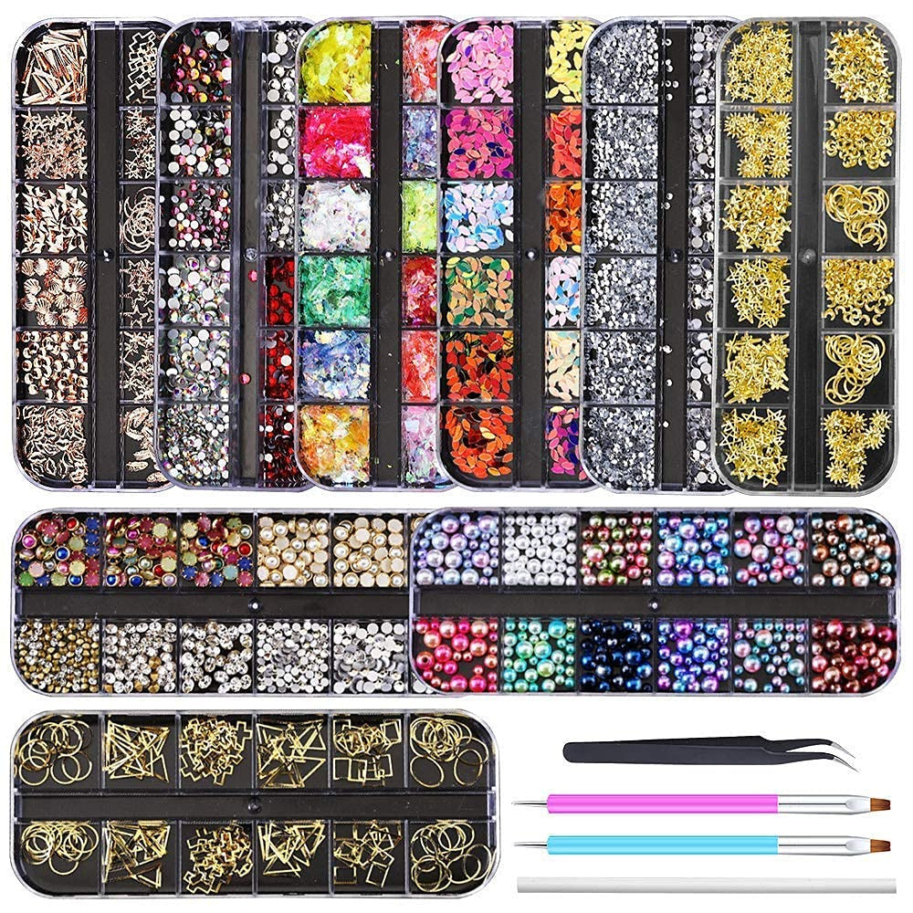 9 Boxes Nail Rhinestones,Nail Gems Nail Diamonds,Nail Art Studs Nail Crystals Nail Sequins for Nails Kit with 1 Tweezers and 3 Pen for Nail Art Supplies Accessories