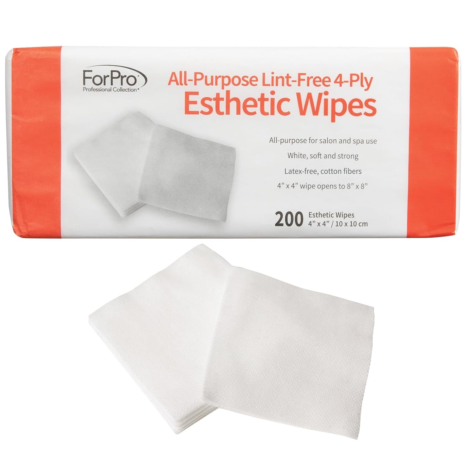 All-Purpose Lint-Free 4-Ply Esthetic Wipes, Non-Woven, for Salon and Spa Use, Soft, Strong and Durable, Latex-Free, 4" X 4", 200-Count