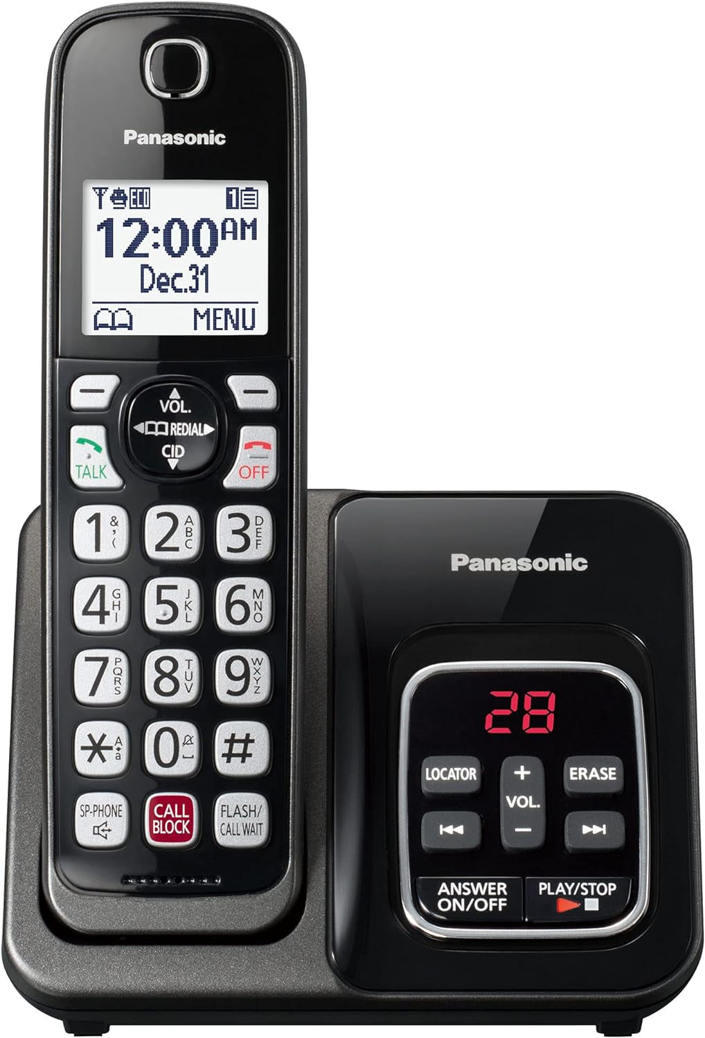 Cordless Phone with Answering Machine, Advanced Call Block, Bilingual Caller ID and Easy to Read High-Contrast Display, Expandable System with 2 Handsets - KX-TGD832M (Metallic Black)