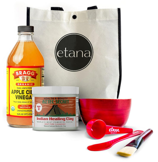 Aztec Clay Premium Mask Set by Etana Beauty – All-In-One Kit Includes 1Lb Indian Healing Clay, 16Oz Bragg'S Apple Cider Vinegar, Natural Bamboo Bowl, Stir, Scoop, Brush & Tote