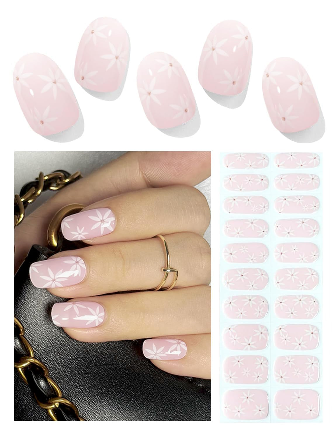 Semi Cured Gel Nail Strips, 20Pcs French Gradient Gel Nail Stickers Work with UV, Easy to Use and Remove