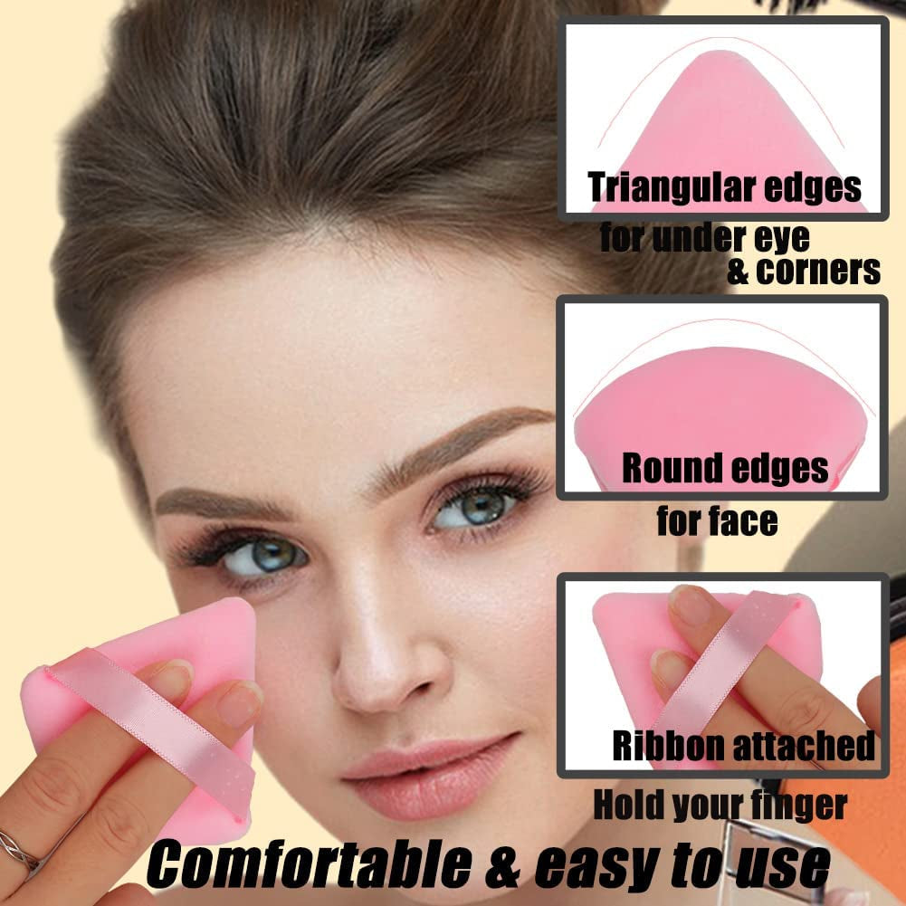 10Pcs Triangle Powder Puffs for Face Powder,Soft Velour Makeup Setting Powder Puff with Case,Black&Pink