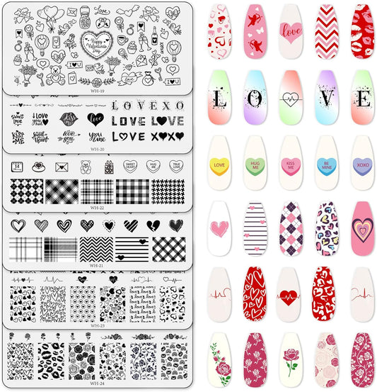 6 Pieces Valentine'S Day Nail Art Stamping Plates Kit Love Kiss Heart Image Stamp Templates Romantic Nail Art Plates for Valentine Anniversary Wedding DIY Print Manicure Salon Design Gift