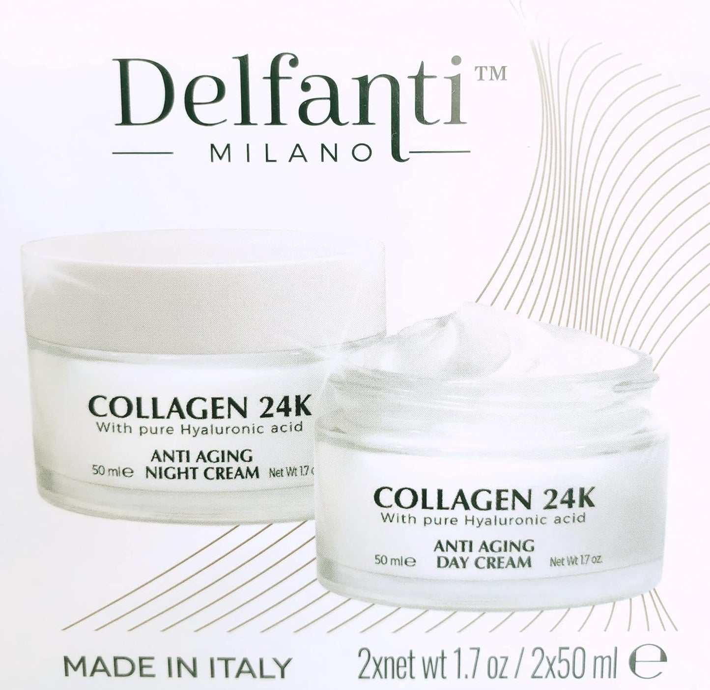 Delfanti • COLLAGEN 24K • Anti-Aging DUO Pack • Day Cream Jar plus Night Cream Jar• Face, Neck and Décolleté Moisturizers with Pure Hyaluronic Acid • Made in Italy