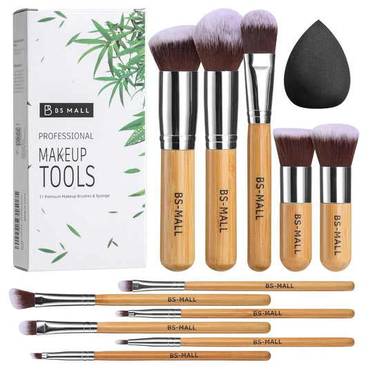 Makeup Brush Set 11Pcs Bamboo Synthetic Kabuki Brush Set Foundation Powder Blending Concealer Eye Shadows Blush Cosmetics Brushes with Organizer Bag & Makeup Sponge