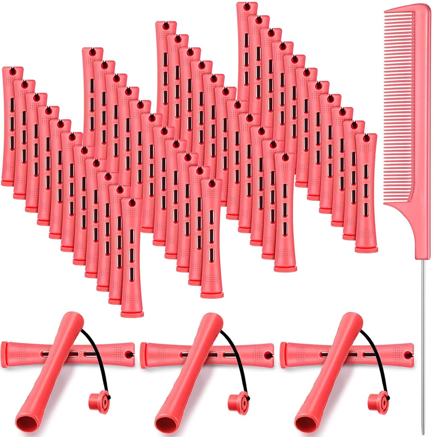 48 Pieces Hair Perm Rods Short Cold Wave Rods Plastic Perming Irons Hair Curling Rollers Curlers with Steel Pintail Comb Rat Tail Comb for Hairdressing Styling Supplies(0.2 Inch,Red)