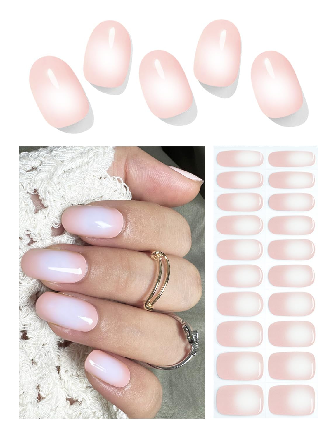 Semi Cured Gel Nail Strips, Classic French 20Pcs Semi Cured Gel Nails Sticker, Gel Nail Wraps UV for Home Nails DIY (Nude Transparent)