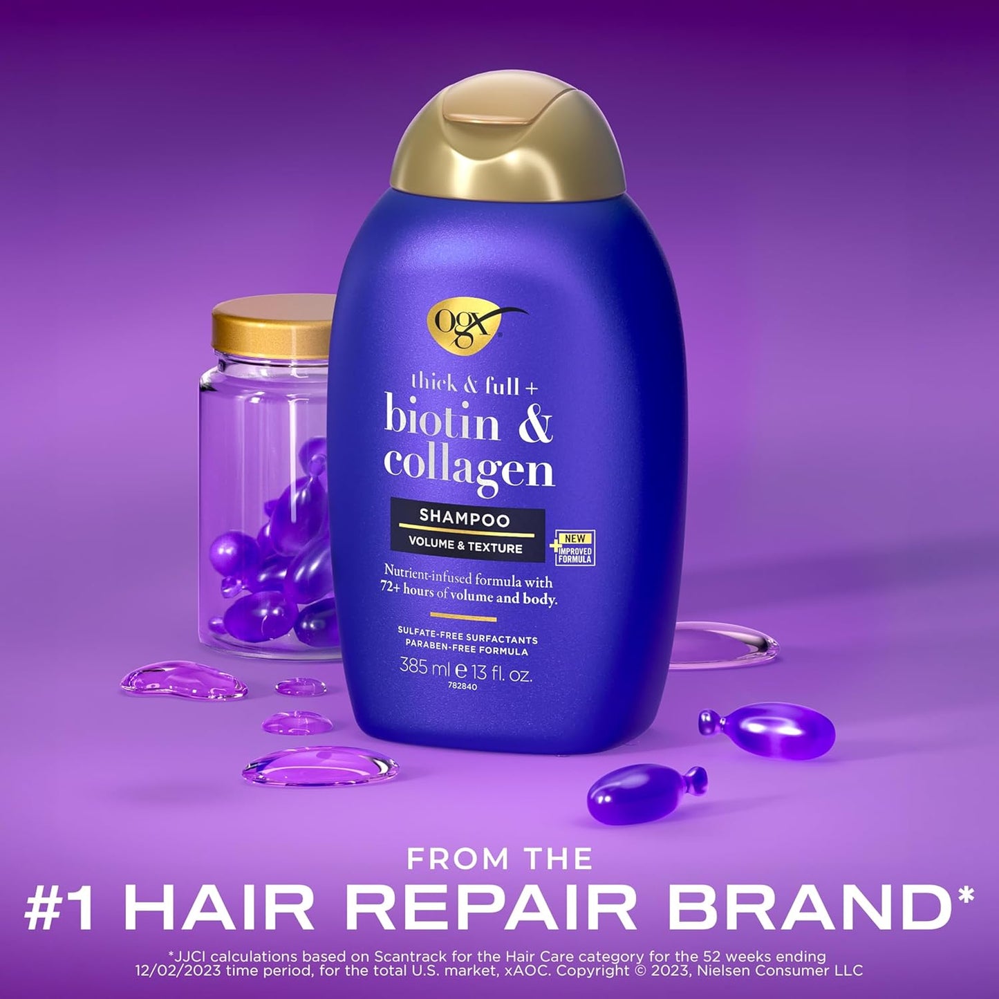 Thick & Full + Biotin & Collagen Volumizing Shampoo, Nutrient-Infused Hair Shampoo with Vitamin B7 Biotin Gives Hair Volume & Body for 72+ Hours, Sulfate-Free Surfactants, 13 Fl. Oz