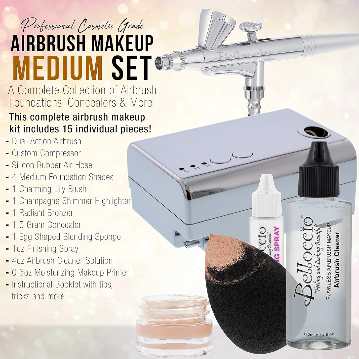 Professional Beauty Airbrush Cosmetic Makeup System with 4 Medium Shades of Foundation in 1/4 Ounce Bottles - Kit Includes Blush, Bronzer and Highlighters