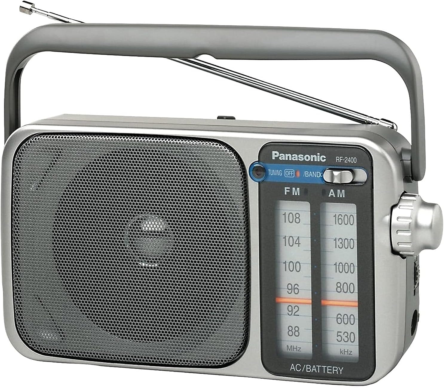 Portable AM / FM Radio, Battery Operated Analog Radio, AC Powered, Silver (RF-2400D)