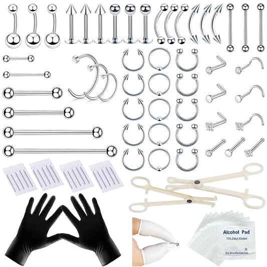 80PCS Nose Piercing Kit for All Body Piercings Stainless Steel Piercing Jewelry with 12G 14G 16G 20G Piercing Needles for Ear Cartilage Tragus Nose Septum Lip Eyebrow