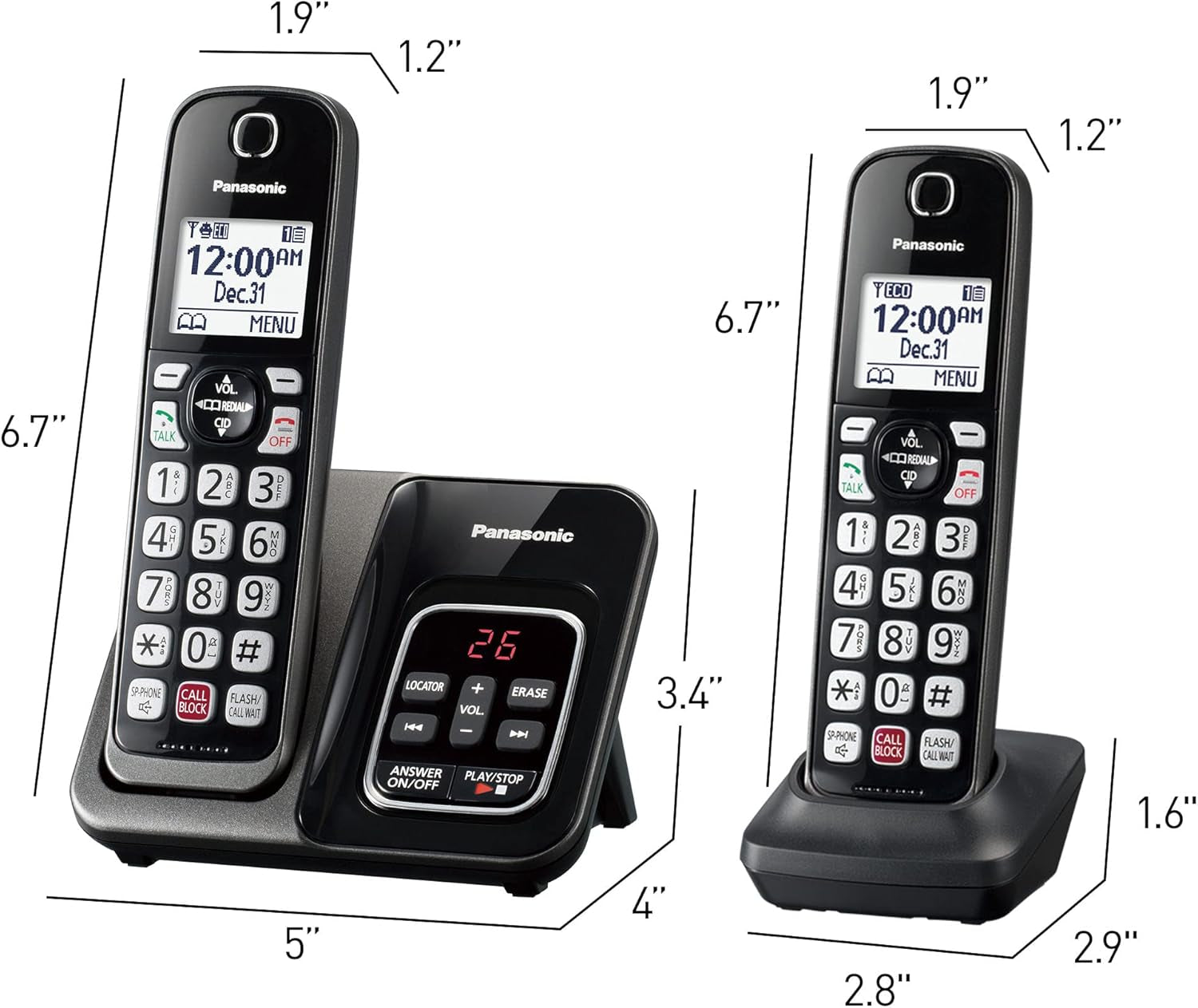 Cordless Phone with Answering Machine, Advanced Call Block, Bilingual Caller ID and Easy to Read High-Contrast Display, Expandable System with 2 Handsets - KX-TGD832M (Metallic Black)