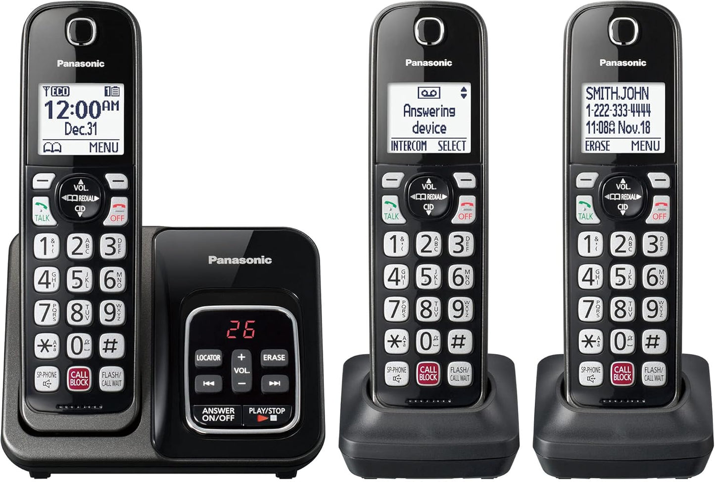 Cordless Phone with Answering Machine, Advanced Call Block, Bilingual Caller ID and Easy to Read High-Contrast Display, Expandable System with 2 Handsets - KX-TGD832M (Metallic Black)