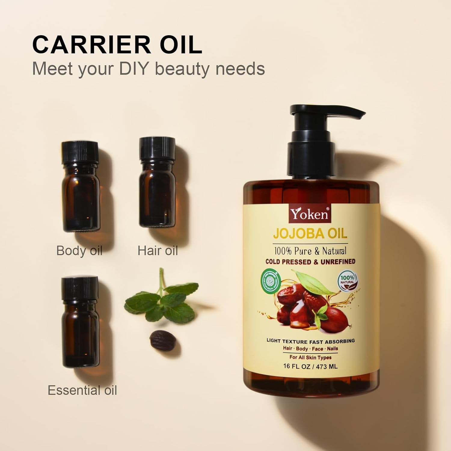 Pure Jojoba Oil EWG Verified 16 Fl Oz, 100% Natural Jojoba Oil for Hair, Skin & Face, Cold Pressed Unrefined, Deeply Moisturizing Body Oil Jojoba Carrier Oil for Essential Oils Mixing