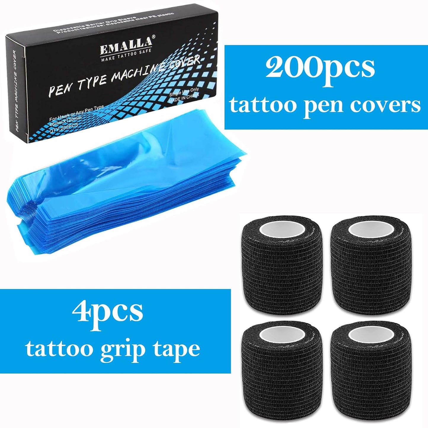 Large Machine Pen Covers with Grip Wraps,  200Pcs Tattoo Machine Covers and 4Pcs Tattoo Grip Tape Tattoo Pen Covers Grip Covers Tattoo Pen Sleeves Combination Tattoo Supplies