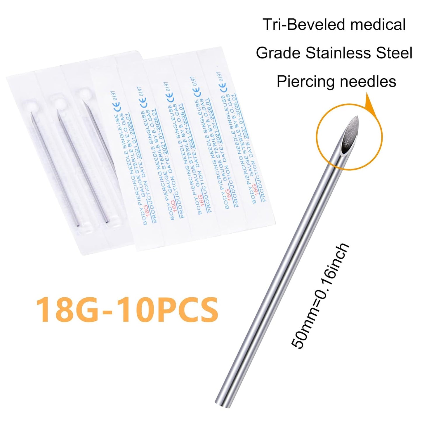 10PCS 18G Piercing Needles, Hollow Needles Stainless Steel Disposable Sterile Piercing Needles for Nose Septum Ear Trague Helix Eyebrow Lip Labret Piercing