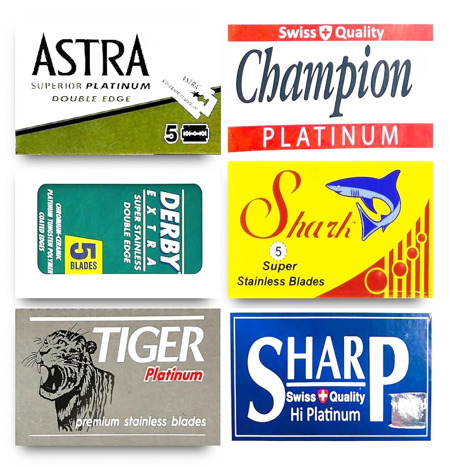 Astra-Derby-Shark-Tiger-Sharp Double Edge Razor Blades Sampler, 30 Blades