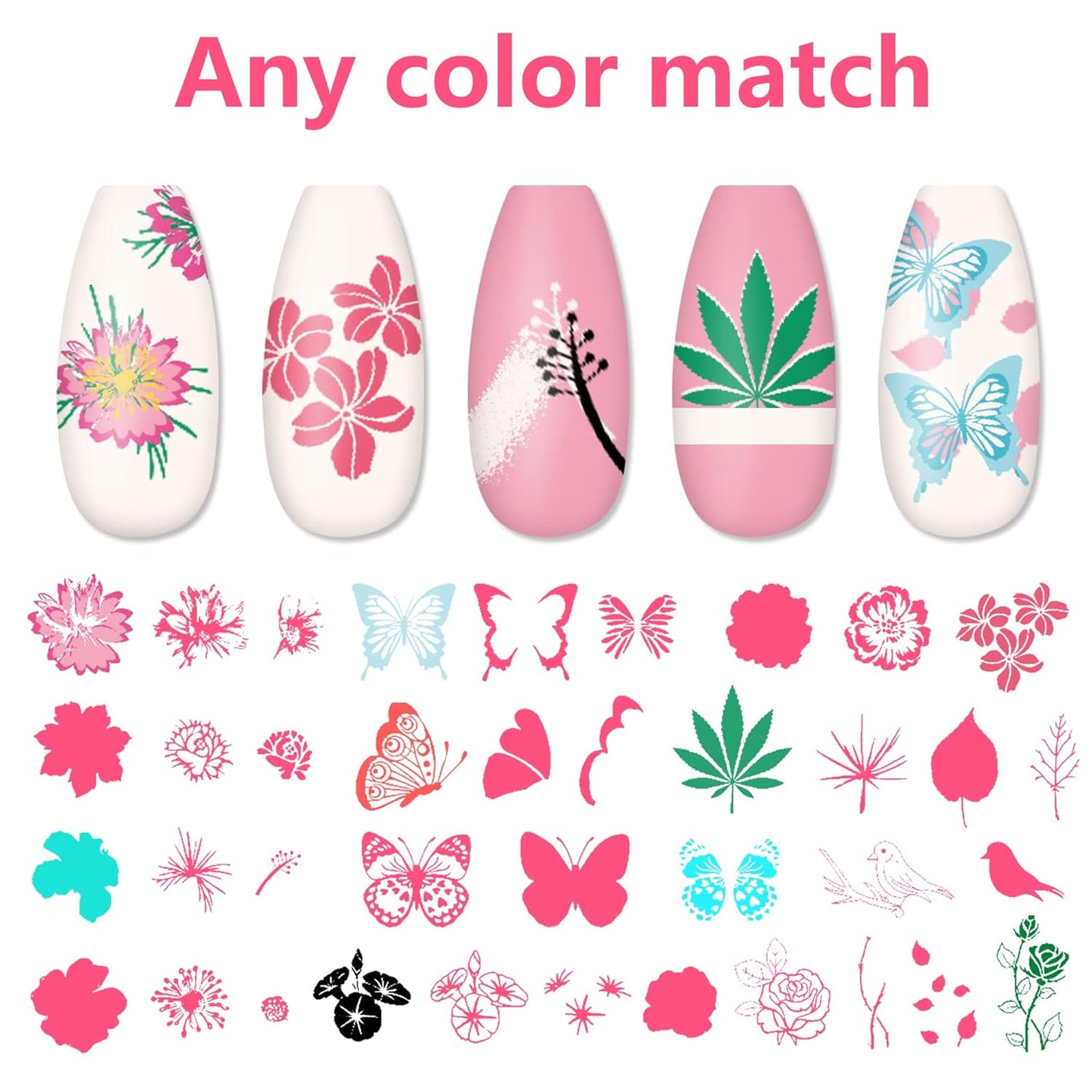 Nail Art Stamper Kit 6Pcs Flower Heart Leaf Lace Butterfly Stamping Plate Template with Silicone Nail Stamper and Scraper for Women Girls DIY Fingernail Manicure Stencils Tools