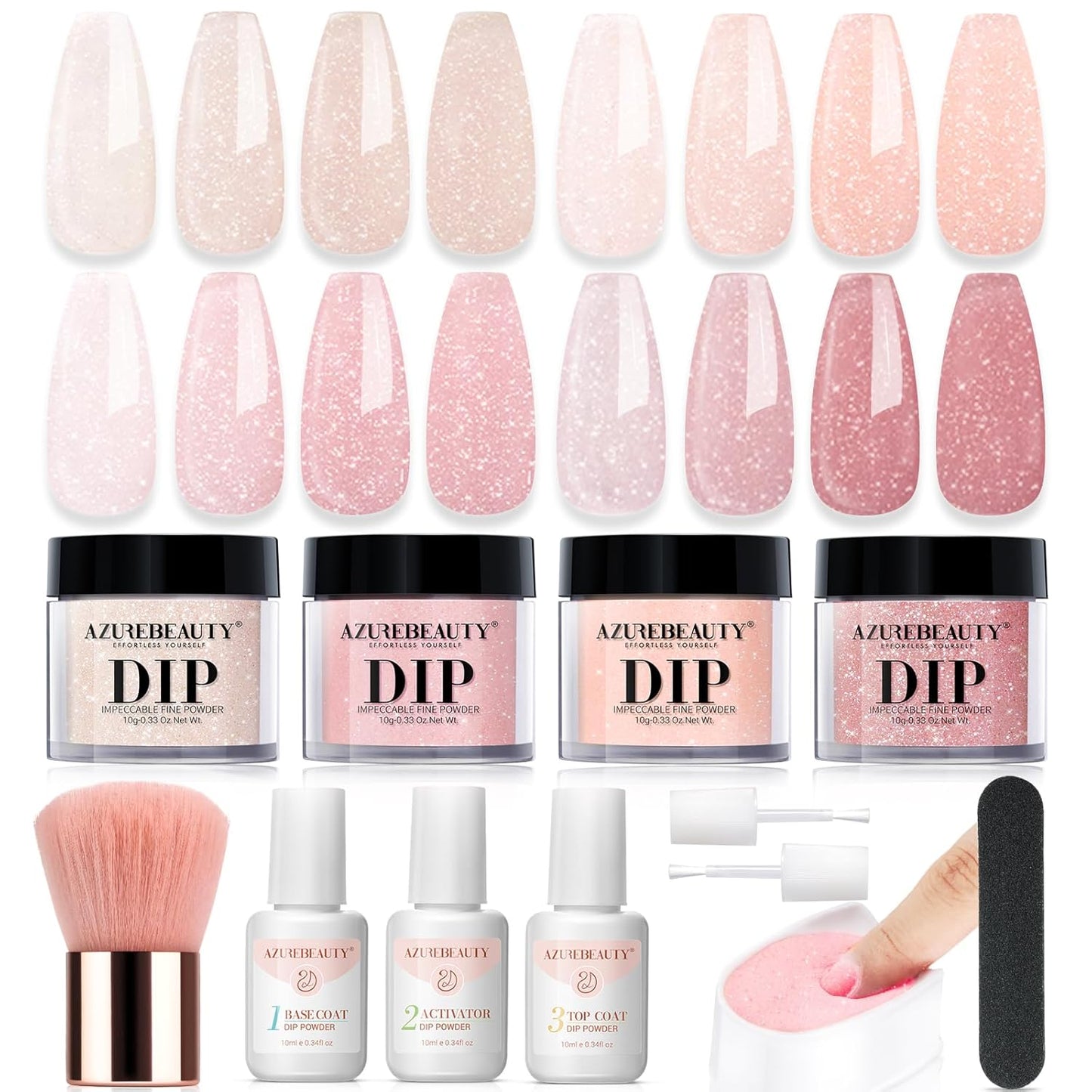 Dip Powder Nail Kit Starter, All Season Nude Skin Glitter 4 Colors Dipping Powder Liquid Set Recycling Tray with Base & Top Coat Activator for French Nail Art Manicure Salon DIY at Home.