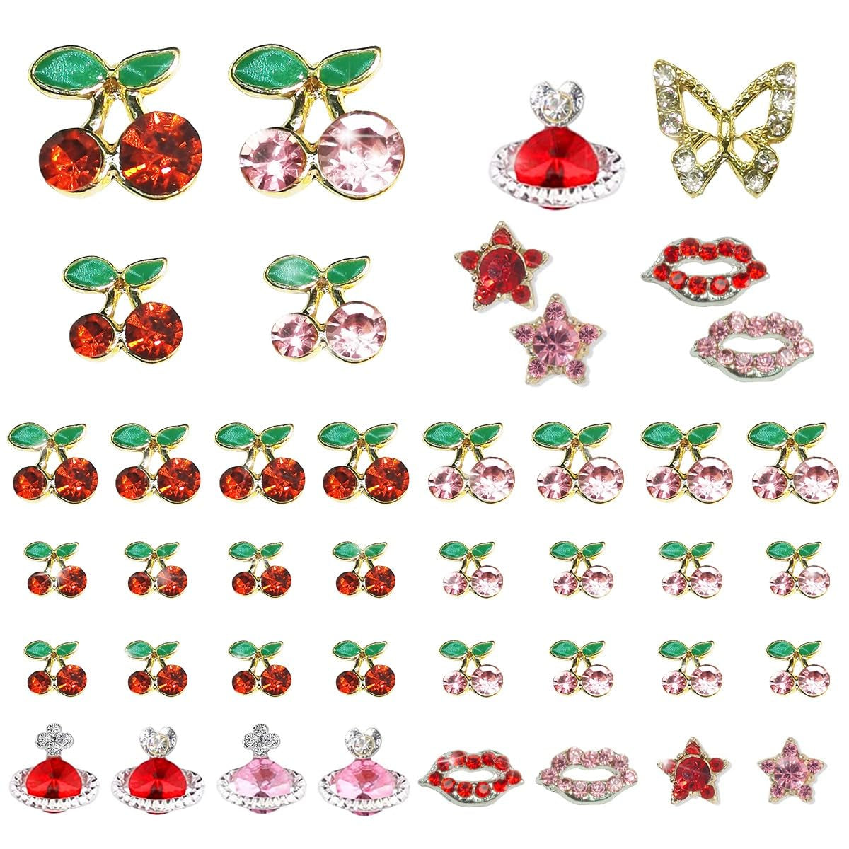 60 Pcs 3D Cherry Nail Charms Cherry Nail Rhinestones Nail Art Shiny Gems Nail Studs Cute Fruit Nail Diamond Crystal Luxury Jewelry for Nails Face Makeup Women Crafts Diy(Pink/Red Gold, 6Mm/8Mm)