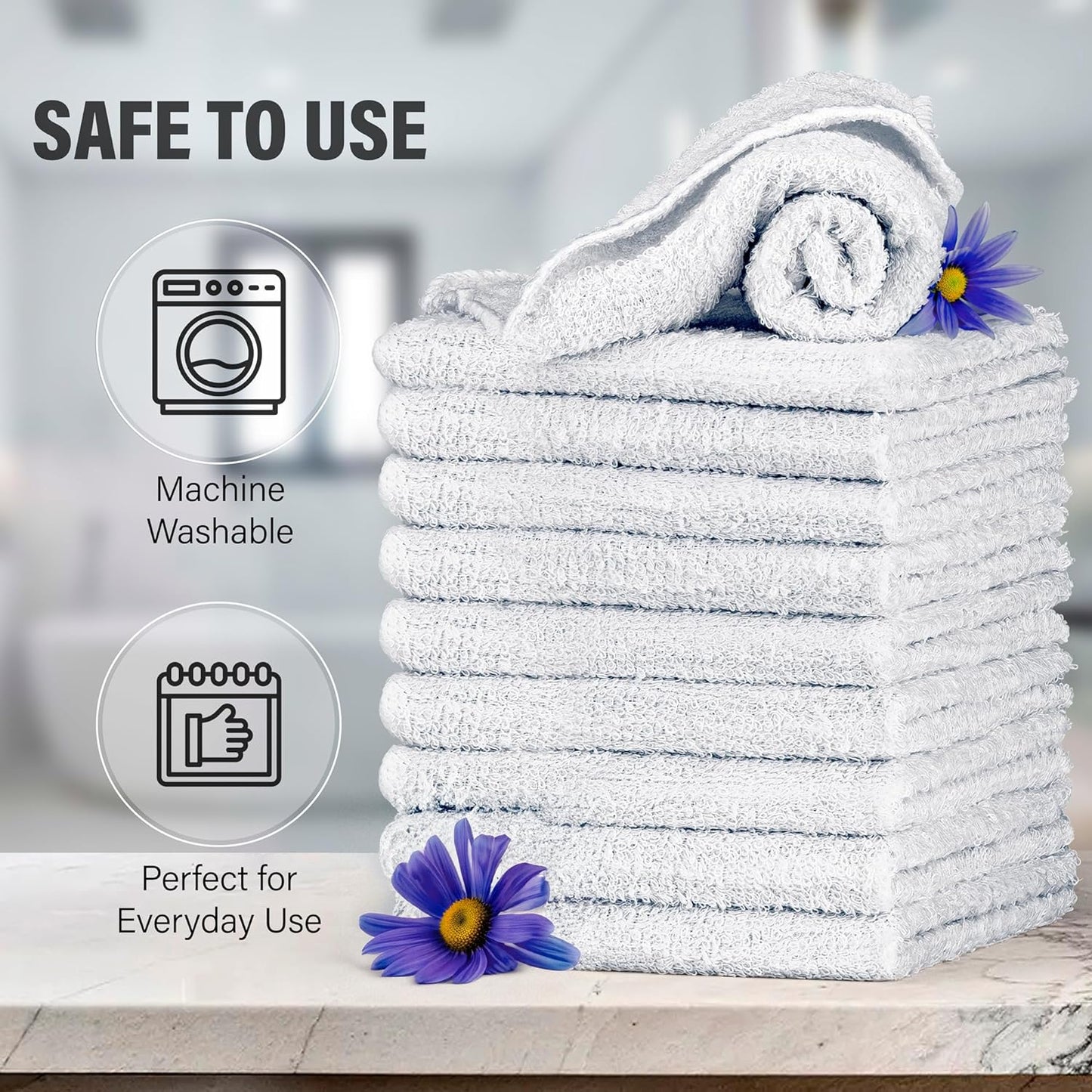 10 Pack 100% Cotton Wash Cloth, Luxurious Soft, 12 X 12 Inch Ultra Absorbent, Machine Washable Premium Quality Washcloths, White (10 Pack)