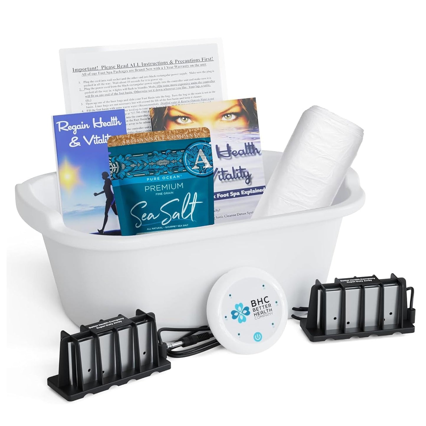 Ionic Foot Bath Detox Machine - Foot Spa Bath Free Regain Health & Vitality Booklet & Brochure - 2 Arrays, 20 Basin Liners, Detox Sea Salt, Basin 12QT