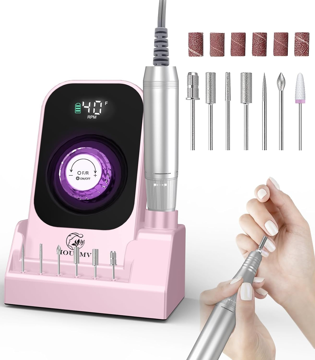 Portable Nail Drill Electric File: 40000RPM Professional Rechargeable Nail E-File Machine, Cordless Nail Drill with Bits & Base for Acrylic Nails Remove Nail Gel Polish Manicure for Salon Home, White