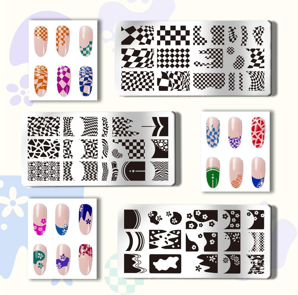 3Pcs French Nail Stamper Tartan Nail Stamping Plate French Tip Nail Art Stencils Plaid Wave Print Nail Stencils Stainless Steel Nail Image Plates for Nail Design Print Manicure Salon