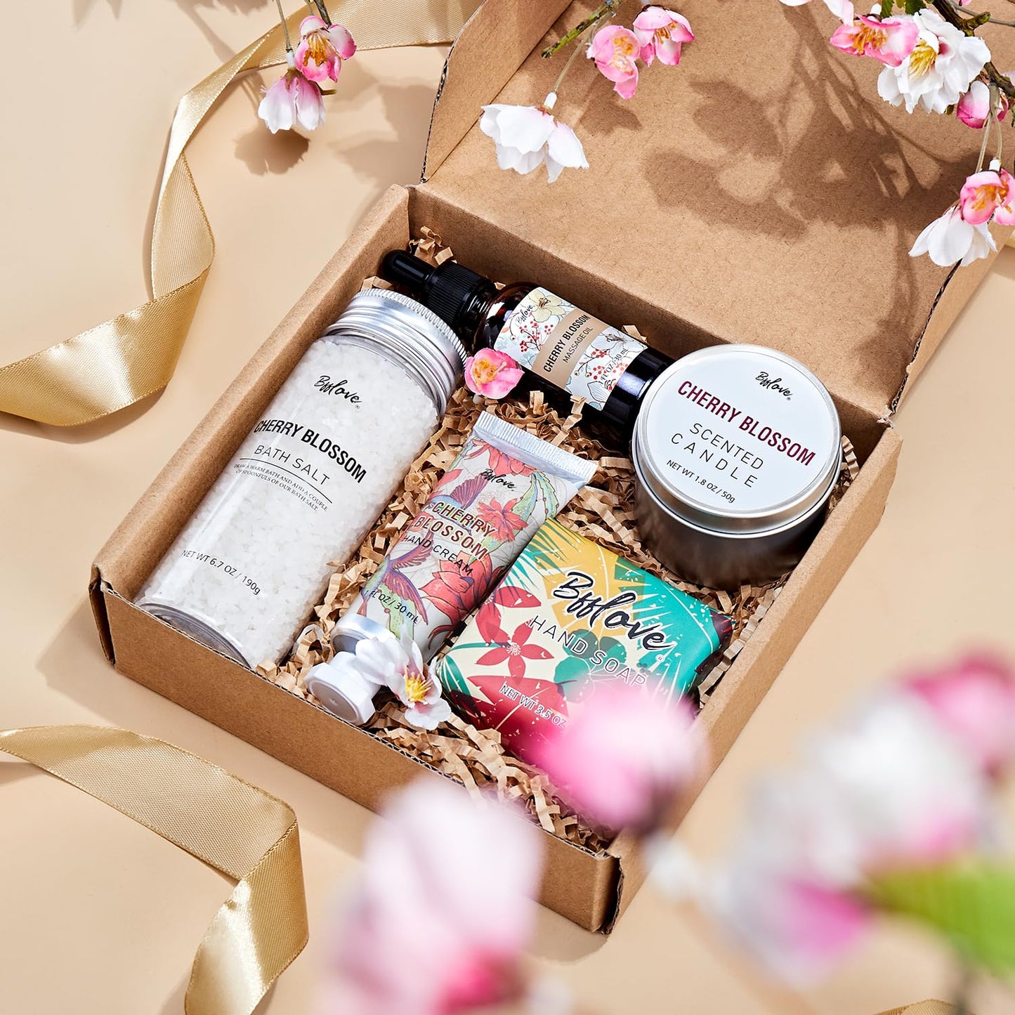 Gifts for Women BFFLOVE Gift Set for Women 5Pcs Cherry Blossom Spa Set, Birthday Gifts for Women with Massage Oil, Scented Candle, Bath Salts, Hand Cream, Christmas Gifts