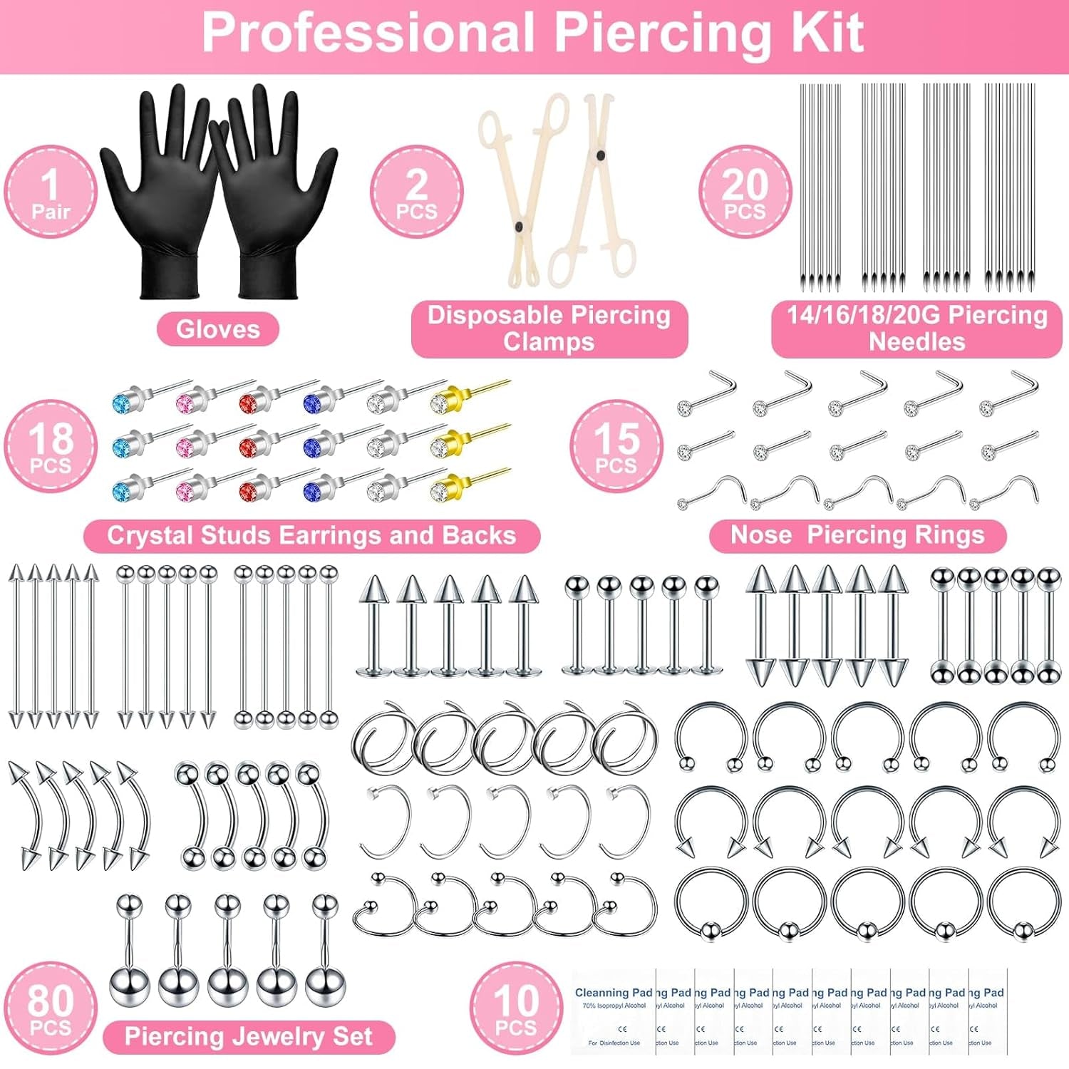 135PCS Body Septum Piercing Kit with 14G/16G/18G/20G Piercing Needles Piercing Jewelry and Tools for Ear Nose Belly Button Nipple Lip Cartilage Eyebrow Tongue Navel Piercing Kit for All Piercings