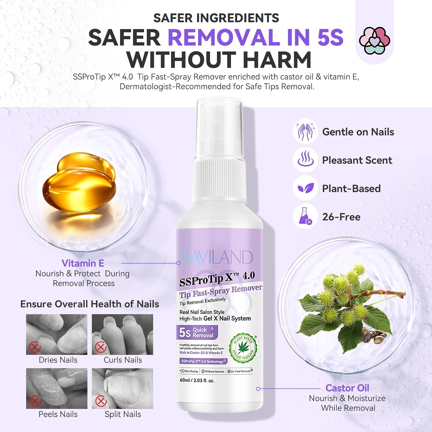 Solid Nail Glue Remover Spray: 60Ml Quick Removal for Solid Nail Glue Gel | Gel Nail Glue Removal Gel X Nail | Odorless No Acetone Castor Oil VE 5S Fast Remover Easy Home Use