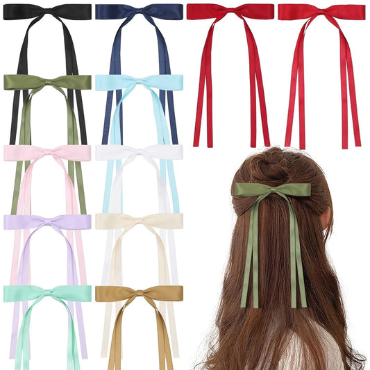 12 PCS Hair Bows for Women, Hair Ribbon Hair Bows with Long Tail Hair Bow Clips Hair Barrettes for Women Accessories