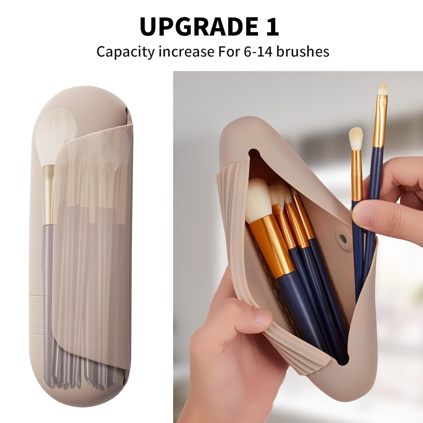 Silicone Makeup Brush Holder Travel Cosmetic Bag：Soft Portable Cosmetic Face Brushes Holder with Upgrade Anti-Fall Out Magnetic Closure, Large Travel Makeup Brush Case - Walnut