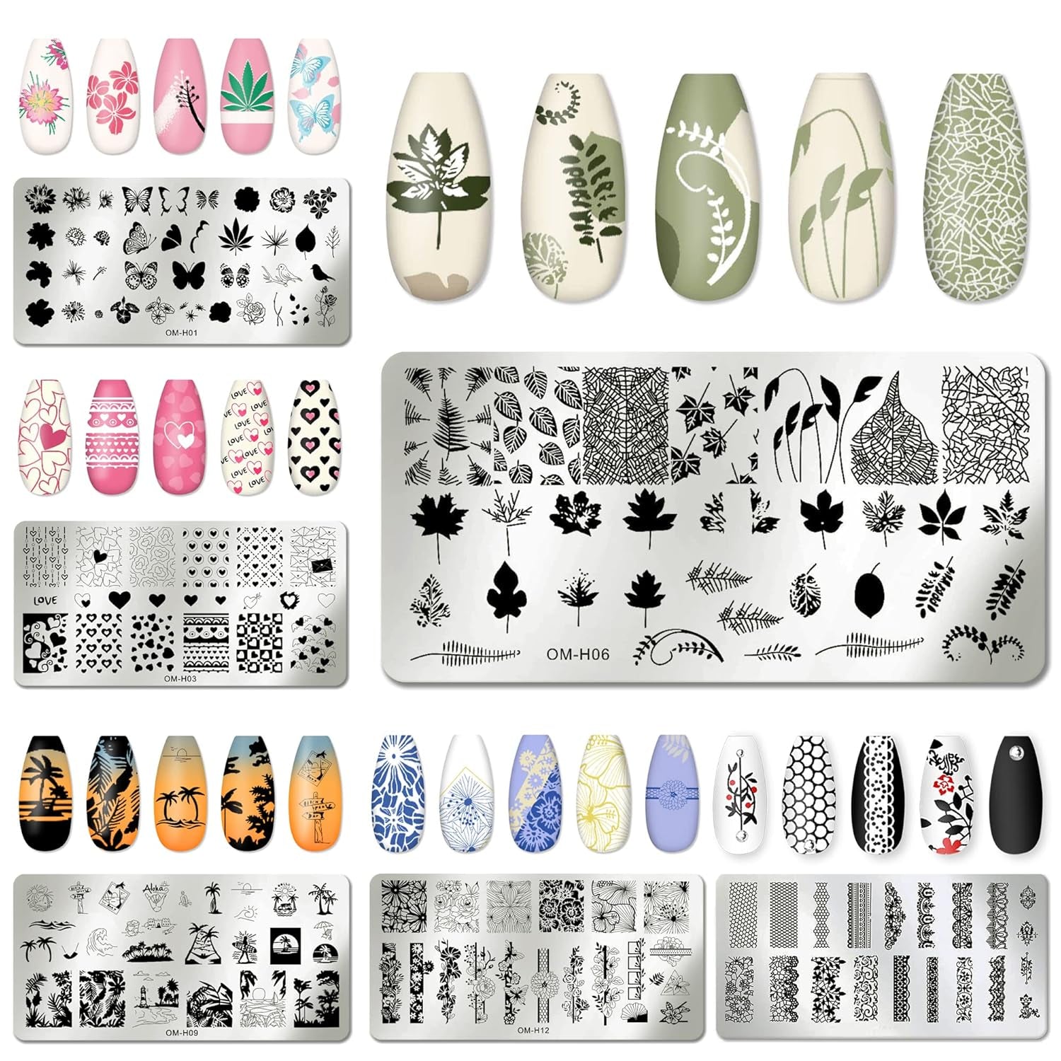 Nail Art Stamper Kit 6Pcs Flower Heart Leaf Lace Butterfly Stamping Plate Template with Silicone Nail Stamper and Scraper for Women Girls DIY Fingernail Manicure Stencils Tools