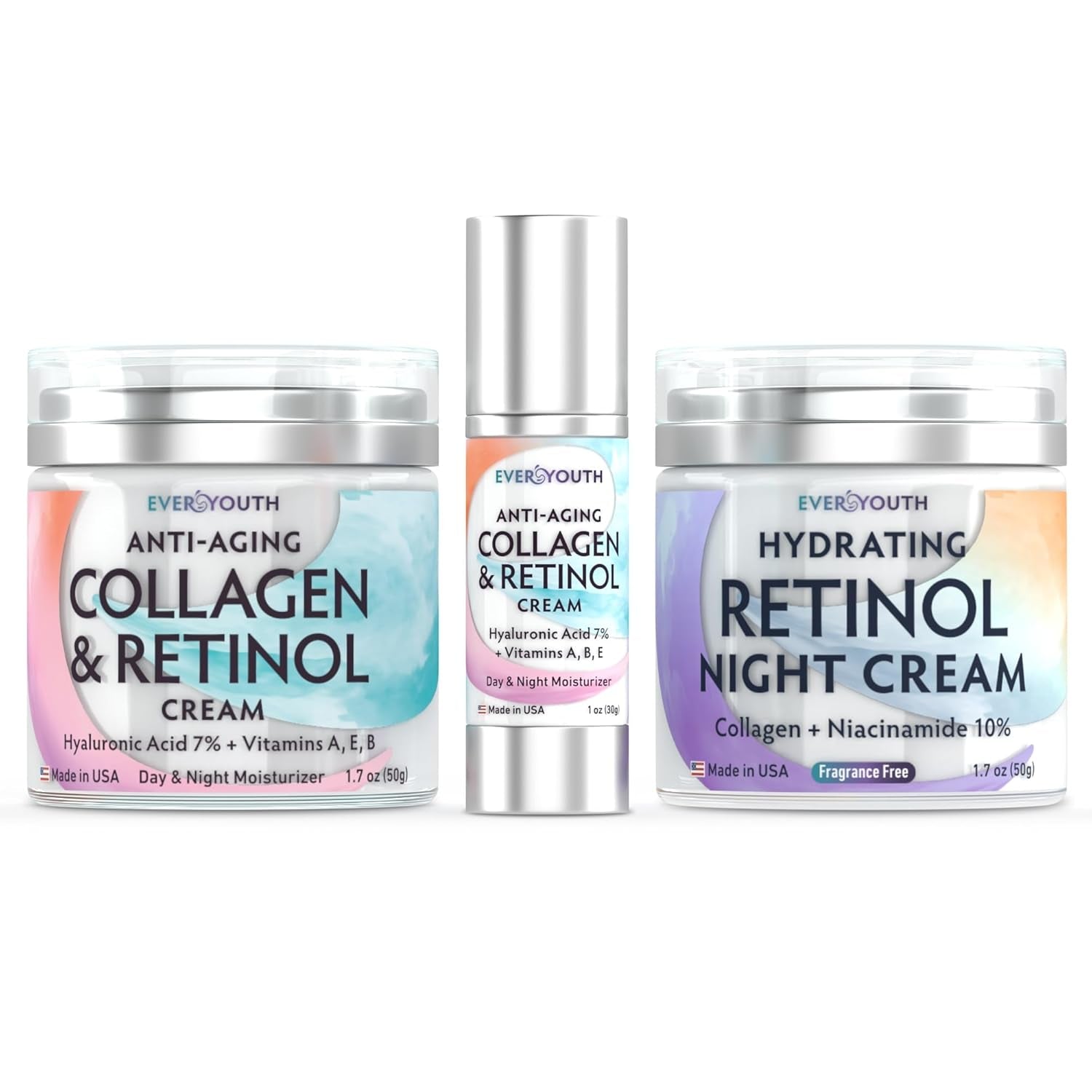 Face Moisturizer Bundle with Collagen, Retinol, Hyaluronic Acid, Niacinamide (Save 20%), Made in USA, Day & Night, for Women, anti Wrinkle Cream for Face, Neck & Décolleté - 2X1.7Oz+Travel Size 1.0Oz