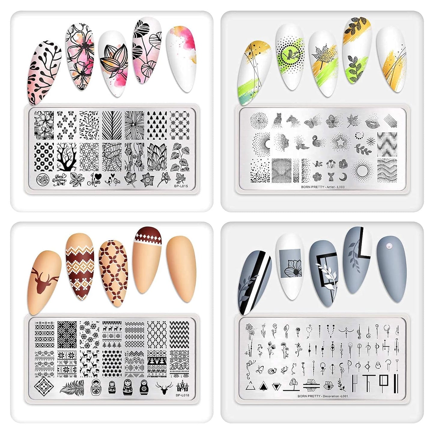 Nail Stamping Plates Set Plaid Flowers Leaves Lace Nail Art Image Plates Spring into Winter Stamp Templates Kit Image Manicuring DIY Printing Tools 8PCS