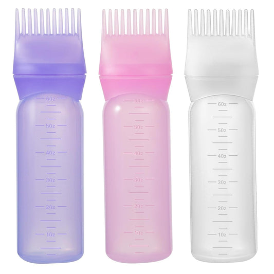 Root Comb Applicator Bottle 6 Ounce Oil Applicator for Hair Dye, 3 Pack Hair Oiling Bottle Brush with Graduated Scale (Pink, Purple, White)