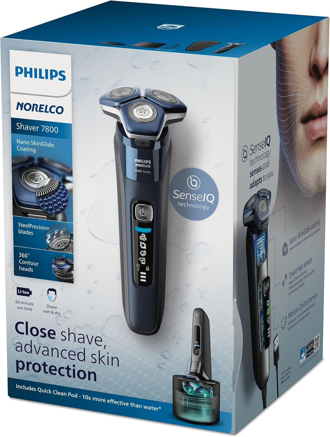 Shaver 7800, Rechargeable Wet & Dry Electric Shaver with Senseiq Technology, Quick Clean Pod, Charging Stand, Travel Case and Pop-Up Trimmer, S7885/85