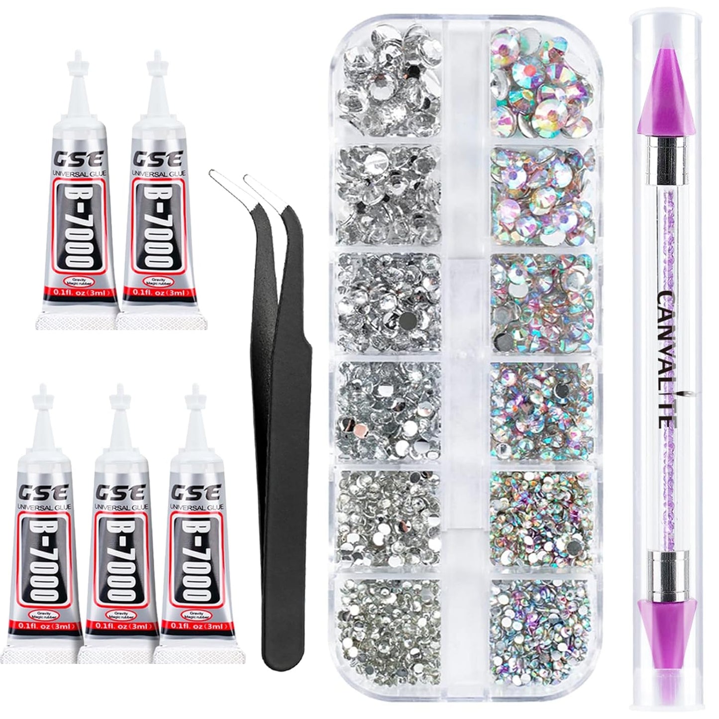 2784PCS Rhinestones Crystal AB Rhinestones for Nail with 5Pcs 3Ml B7000 Jewelry Glue and Pick up Tweezers and Nail Rhinestone Picker, Nail Art Tools,Stocking Stuffers Gifts for Women